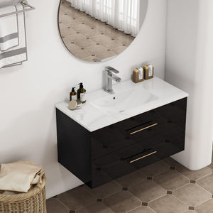 English Elm 36-Inch Modern Wall-Mounted Bathroom Vanity With Gold Handle & Integrated Sink For Stylish Storage W3151S00056