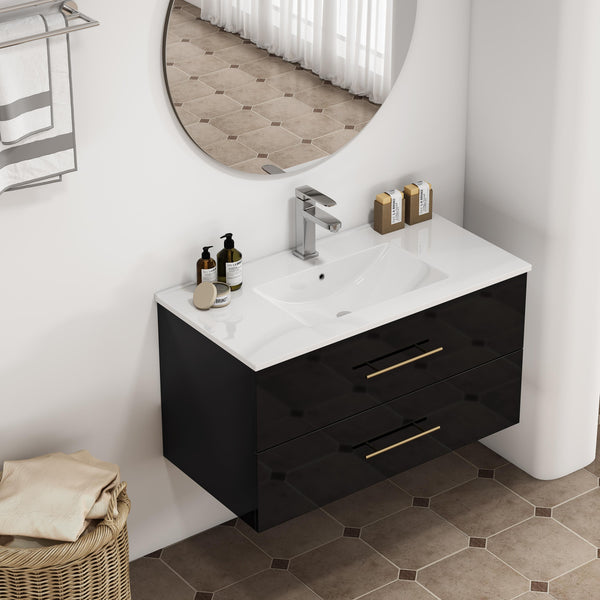 English Elm 36-Inch Modern Wall-Mounted Bathroom Vanity With Gold Handle & Integrated Sink For Stylish Storage W3151S00056