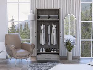 English Elm Armoire, Spacious Engineered Wood Wardrobe with Two Drawers, Hanging Rod and Hidden Storage Appeal Gray 74.8 L x 24.41 W x 4.33 H B097S00153