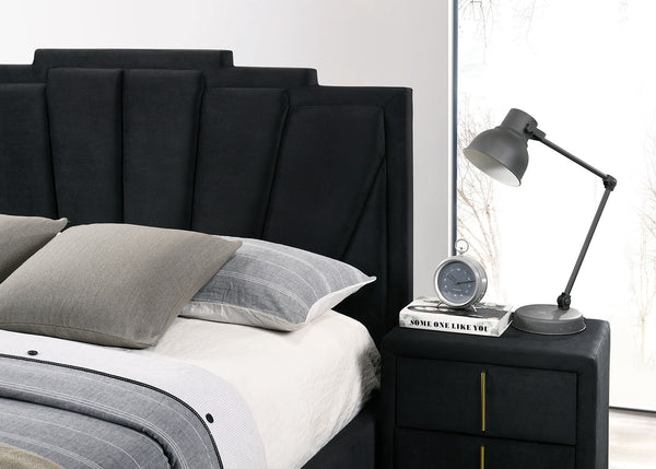 English Elm Glam Plush Flannelette Queen Bed with Shell Tufting and Padded Headboard on Metal Legs for Style Black,Gold 84 L x 15 W x 7 H B2741S00331