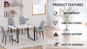 English Elm 55 Modern 4-Person MDF Dining Table Set with Sturdy Black Metal Legs and Padded PU Chairs for Families Grey+White W2189S00733