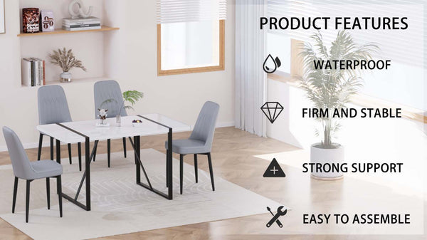 English Elm 55 Modern 4-Person MDF Dining Table Set with Sturdy Black Metal Legs and Padded PU Chairs for Families Grey+White W2189S00733