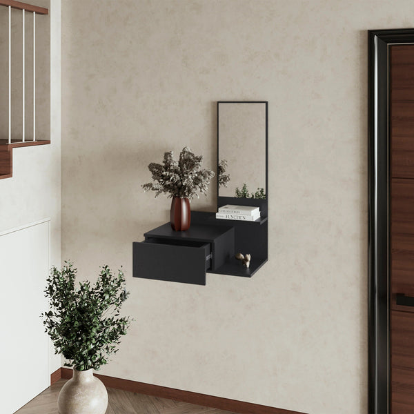 English Elm Wenge Wall-Mounted Floating Vanity with Integrated Mirror, Space-Saving Modern Wenge Shelf for Small Baths B062P252164