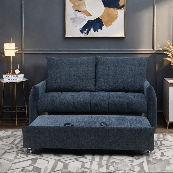 English Elm 57.48" Navy Line Velvet Sofa Bed with Adjustable 3‑Angle Backrest, Memory Foam Chaise, Modern Loveseat Sleeper (Navy) W1183S00023