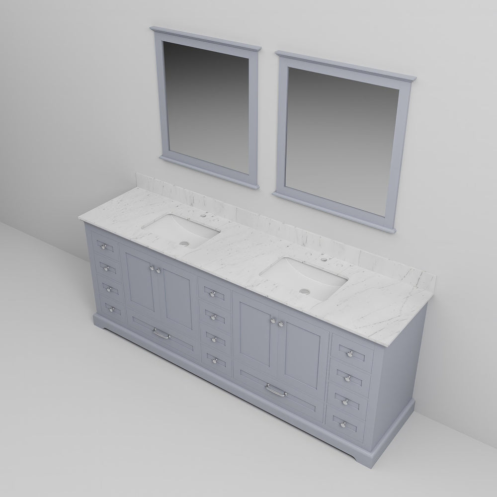 English Elm Dark Grey Double Bath Vanity 84" W With Carrara Marble Top & 34" Mirrors – Elegant Storage Solution B2731S00824