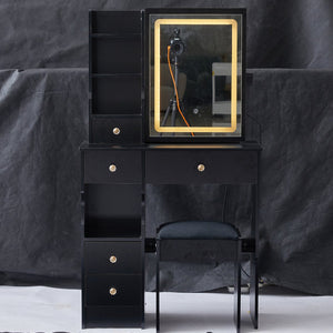 English Elm 29.2" Compact Vanity Table With Led Mirror & Cushioned Stool - Space-Saving Design For Small Rooms W936P226035