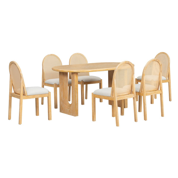 English Elm Trexm Farmhouse Oval Dining Set Seats Six with Rattan Back Chairs Oak Veneer Table Beige,Natural ST000157AAD