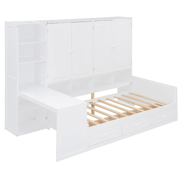 English Elm Twin Size Daybed With Storage Drawers, Desk & Shelves - Stylish Space-Saving Furniture In White N820S00054K-GIGA