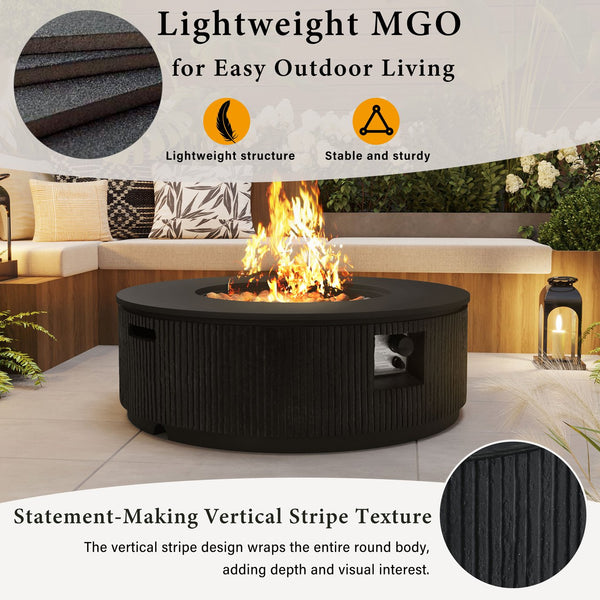 English Elm U_style Round Mgo Propane Fire Pit 50000 Btu Sculptural Outdoor Patio Table with Lava Rocks Black N711P410549E