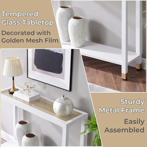 English Elm Glass Console Table Two Tier Tempered Shelf Narrow Foyer Entryway Gold Metallic Frame White+Gold W3587P456243