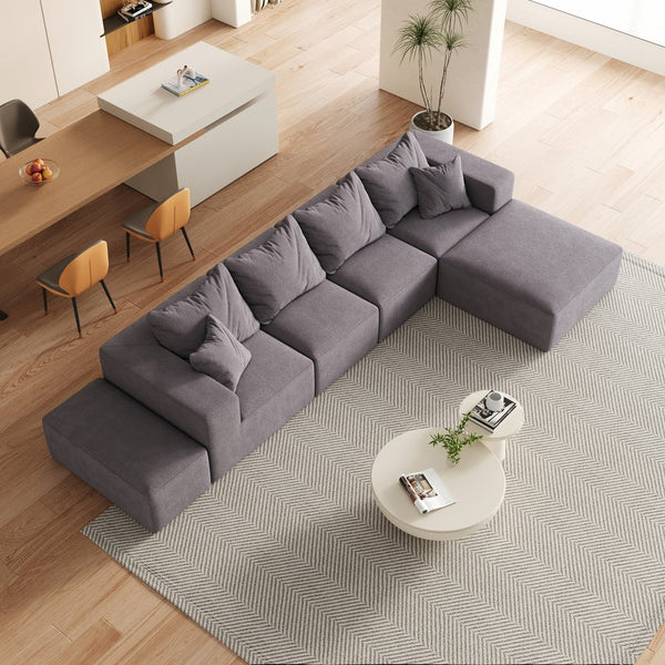 English Elm Modern Upholstered Modular Sectional Sofa Set 132" L-Shaped No-Assembly Chenille Comfort Hub with 6 Pillows Grey W834S00499