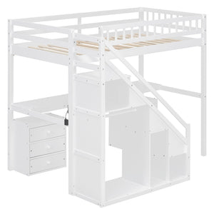 English Elm Twin Loft Bed with Staircase Desk Dual Drawers and Led Strip for Kids Rooms LT000257AAK