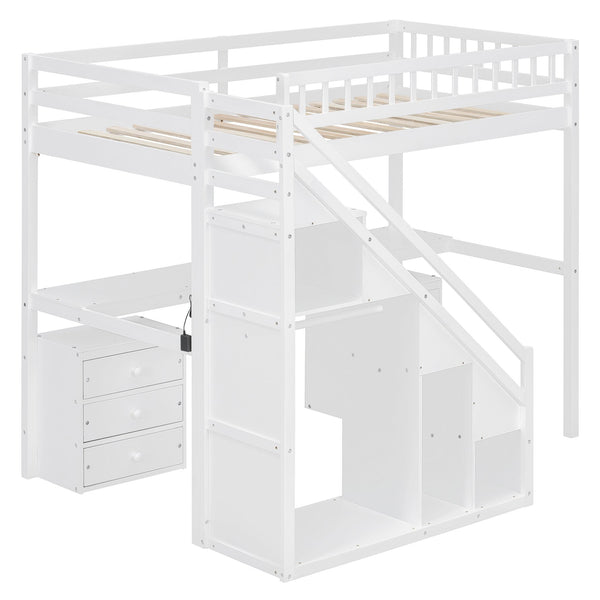 English Elm Twin Loft Bed with Staircase Desk Dual Drawers and Led Strip for Kids Rooms LT000257AAK