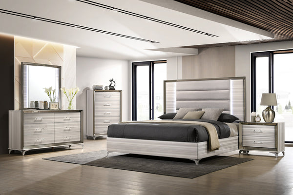 English Elm STAR White Solid Wood Bed with Upholstered Headboard, Built-In LED Lighting, Modern Design King B201S00086