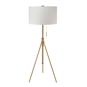 English Elm Vintage Tripod Floor Lamp with Stained Gold Metal Legs, Ivory Shade, Pull Switch, Adjustable Height Brushed Gold 21 L x 21 W x 22 H B2741P317228