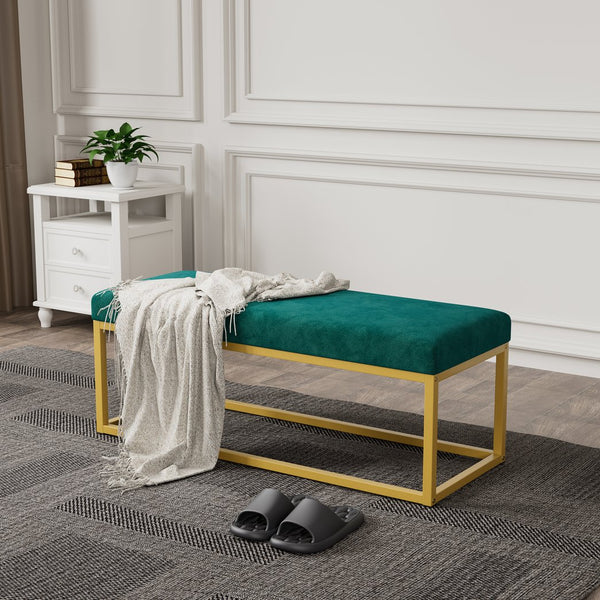 English Elm Storage Bench Green Velvet PU Leather with Gold Steel Frame, Mid-Century Entryway Seat, 600lb Capacity, 48.8"L W578P357538