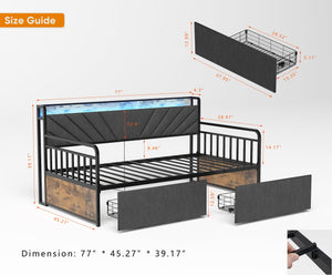 English Elm Twin Daybed with Drawers and USB Charging Station, Metal Frame, Upholstered Headboard, LED Mood Lighting Black+Brown+Grey W2129P244635