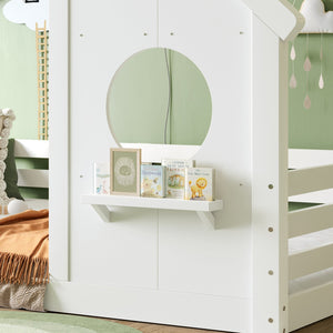 English Elm Twin House Bed Low Profile Pine Wood Frame with Shelf Montessori Kids Floor Sleeping White W5305P429642