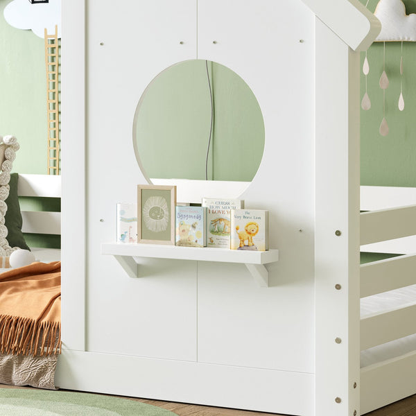 English Elm Twin House Bed Low Profile Pine Wood Frame with Shelf Montessori Kids Floor Sleeping White W5305P429642