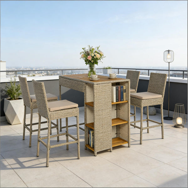 English Elm Garden Dialogue Acacia and Wicker Outdoor Bar Set with Four Tucking Barstools Beige+Brown,Natural Wood T3971S00205