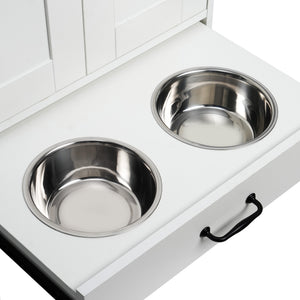 English Elm Dog Feeding Station Cabinet with Pull Out Bowls Storage Hooks White Pet Organizer W1687P205402