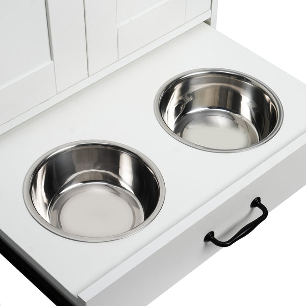 English Elm Dog Feeding Station Cabinet with Pull Out Bowls Storage Hooks White Pet Organizer W1687P205402