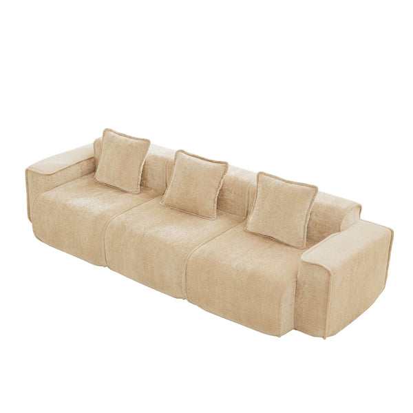 English Elm Streamlined Modular Cloud Sofa Three Seat Velvet Cushions with French Piping for Living Rooms Light Camel W3041S00351