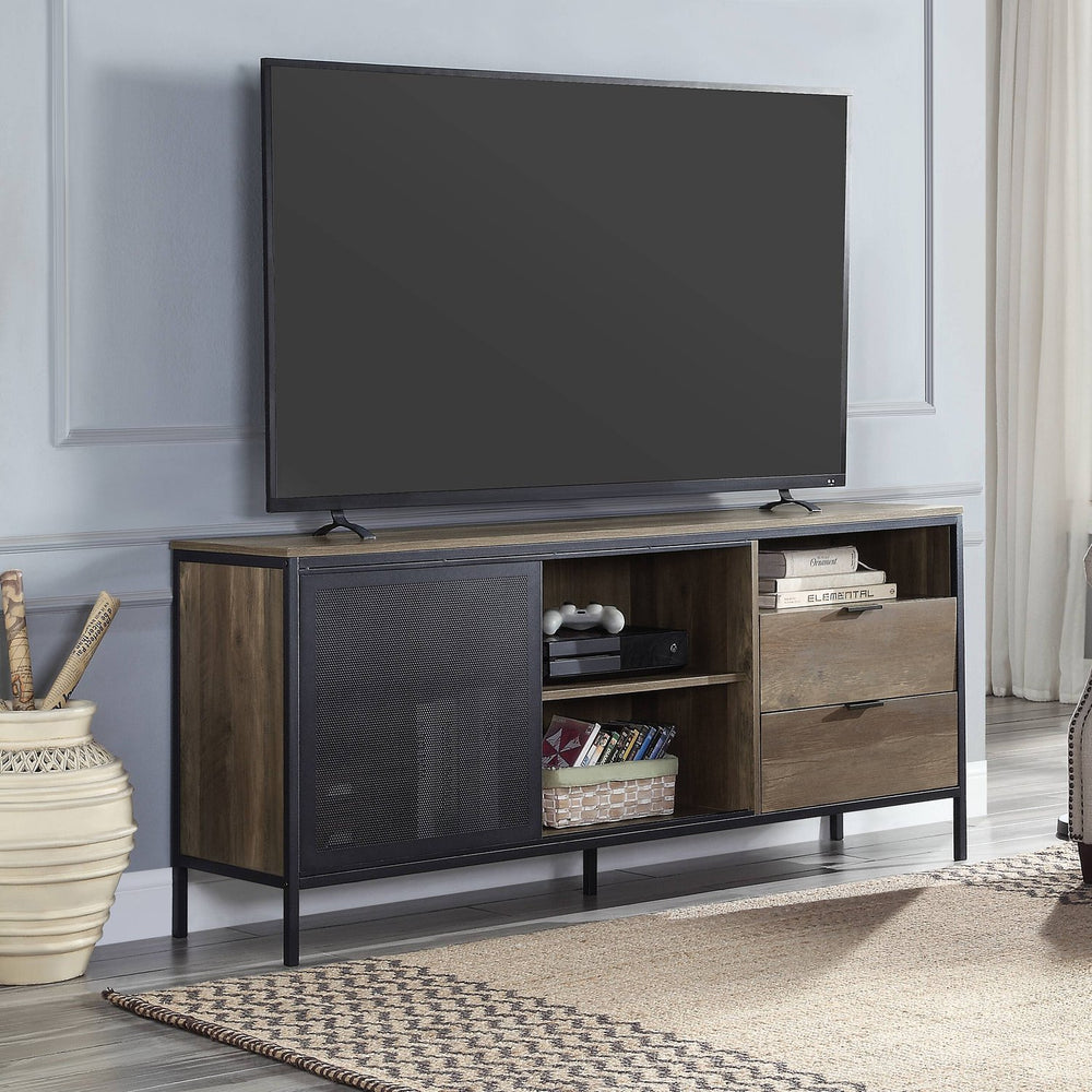 English Elm Rustic 63" Oak & Black TV Stand with Metal Frame, 2 Drawers, 5 Compartments, Knock-Down Design for Easy Assembly and Transport B062S00571