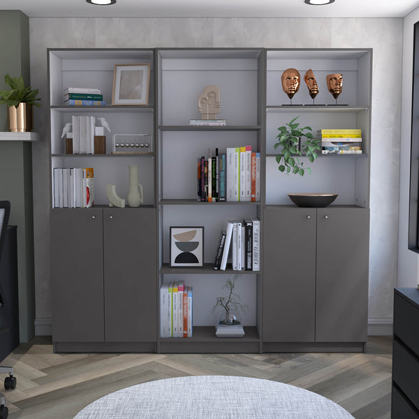 English Elm Hialeah 3-Piece Bookcase Set 74" Wide with 10 Shelves & 2-Door Cabinets, Matt Gray/White Modern Storage Organizer B200S00350
