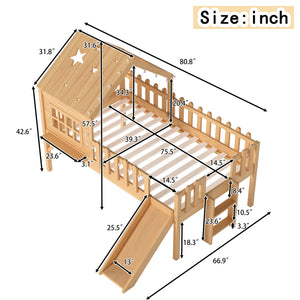 English Elm Twin Playhouse Loft Bed Solid Pine Frame with Slide Led Lights and Star Roof Natural W5316S00002