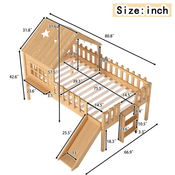 English Elm Twin Playhouse Loft Bed Solid Pine Frame with Slide Led Lights and Star Roof Natural W5316S00002
