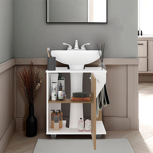 English Elm Under Sink Storage Cabinet with 2 Doors and Shelves — Sleek Oak & Black Wengue Finish for Bathrooms White+Natural 25.98 L x 27.17 W x 4.72 H B097P395902