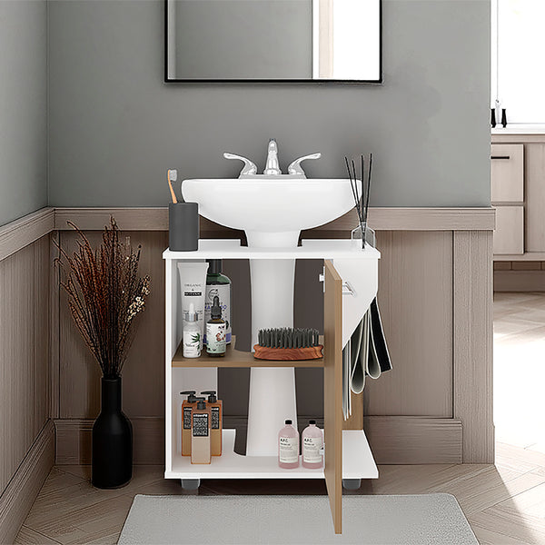 English Elm Under Sink Storage Cabinet with 2 Doors and Shelves — Sleek Oak & Black Wengue Finish for Bathrooms White+Natural 25.98 L x 27.17 W x 4.72 H B097P395902