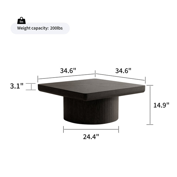 English Elm 34.6'' Square Coffee Table Parquet Wood Veneer Sculptural Cylindrical Base Modern Living Room Black W1435P337648