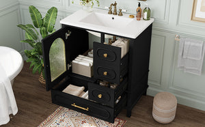 English Elm 30" Freestanding Bathroom Vanity Solid Wood Cabinet Ceramic Basin 3 Drawer Storage Black W1580P382511