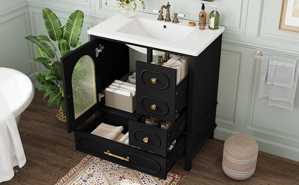English Elm 30" Freestanding Bathroom Vanity Solid Wood Cabinet Ceramic Basin 3 Drawer Storage Black W1580P382511