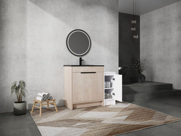 English Elm 42 Inch Freestanding Bathroom Vanity With Black Ceramic Sink & Ample Storage, Soft-Close Doors W999S00305