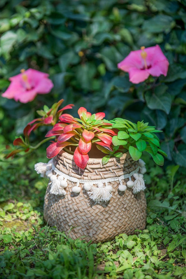 English Elm Set Of 2 Stylish 6.5" Brown Cement Planters With Woven Tassels - Perfect For Small Plants & Decor! W2078P326608-GIGA