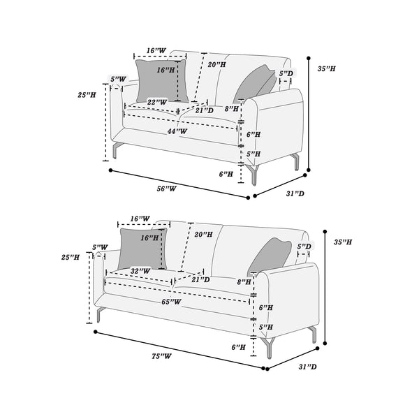 English Elm Elegant Burlap-Like 2pc Sofa Loveseat Set with Chrome Triangle Legs, Tight Seat/Back & Pillows Dark Gray 75 L x 30 W x 21 H B011S01302