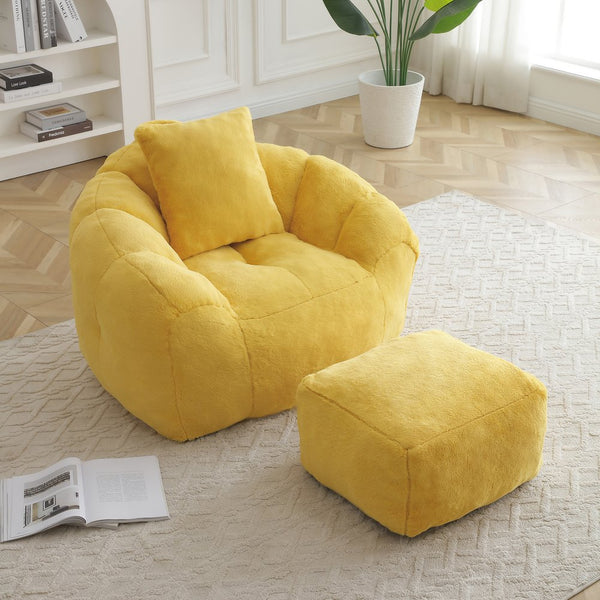 English Elm Giant Foam-Filled Bean Bag Chair with Footstool, Shell-Shaped Faux Fur Sofa for Gaming Reading уют Yellow W2677P306797