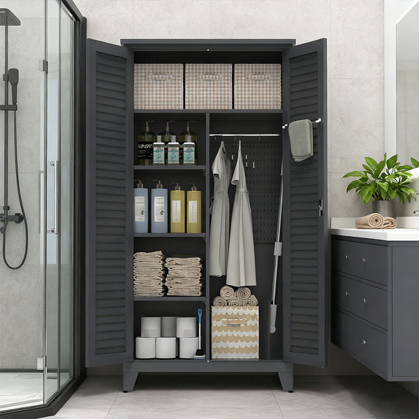 English Elm 73'' Premium Steel Tool Storage Cabinet Slate - Wall-Mountable 73" Vertical Organizer with Pegboard, Shelves, Rods W3387P351629