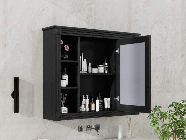 English Elm 35'' Modern Wall Medicine Cabinet with Mirror, Black MDF Storage, Soft-Close Hinges, Towel Rod, Adjustable Shelves N710P197128B