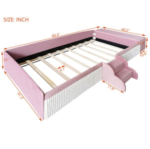 English Elm Twin Velvet Kids Daybed with Built-in Stairs Padded Guardrails and Gas Lift Storage Pink+White SF000201AAH