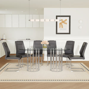 English Elm Table and Chair Set Oval Glass Top Twin Column Base with Six Pu Leather Seats Dark Gray,Silver,Transparent W1151S04734