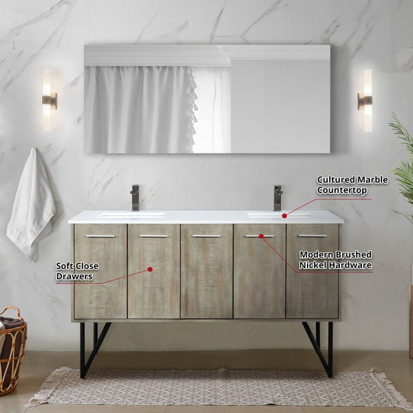 English Elm Rustic Acacia Double Bath Vanity 60" With Cultured Marble Top & Gun Metal Faucets, 55" Mirror Set B2731S01783-GIGA