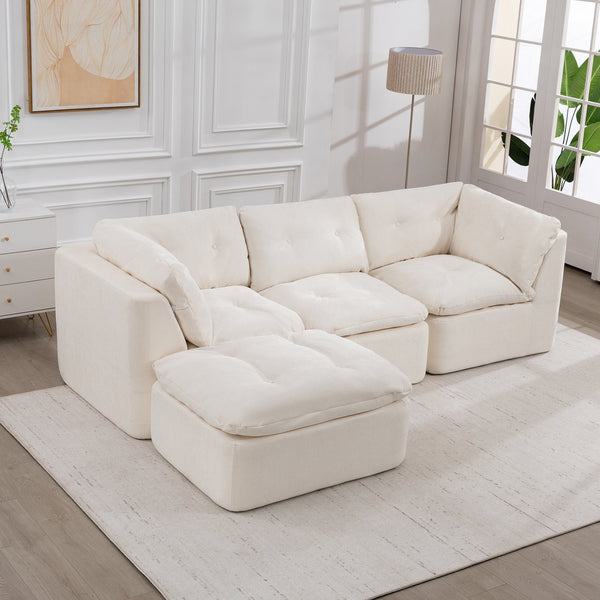 English Elm Modern Chenille Cloud Sectional with Ottoman Deep Sink Modular L Shaped Living Room Sofa Beige+White W2379S00001