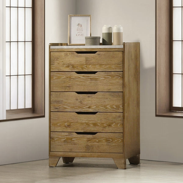 English Elm Transitional Solid Rubberwood Five Drawer Chest Warm Aspen Brown Bedroom Storage B2741P411516