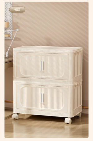English Elm Cream White 5-Tier Folding Storage Cabinet With Magnetic Door & Wheels – Versatile Space-Saving Solution W2873P239386