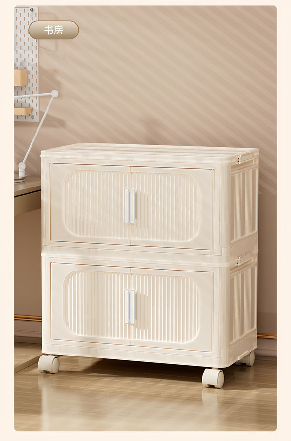 English Elm Cream White 5-Tier Folding Storage Cabinet With Magnetic Door & Wheels – Versatile Space-Saving Solution W2873P239386