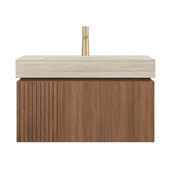 English Elm MURI Luxury Wall-Mounted 30" Bathroom Vanity with Sintered Stone Countertop and Ceramic Basin, Plywood Cabinet Beige,Brown Oak W2615S00333